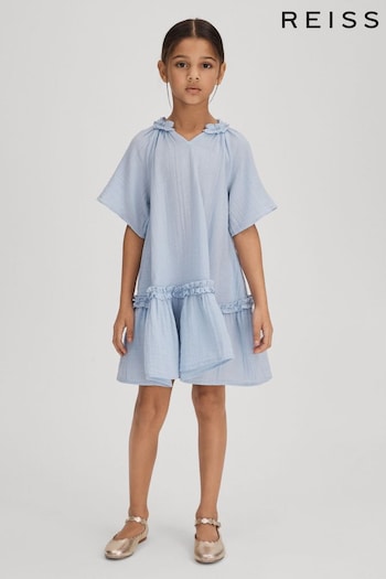 Reiss Blue Millie Junior Seersucker Cotton Ruffle Dress (708290) | £50