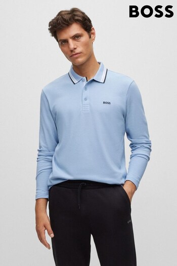 BOSS Light Blue Plisy Collar Detail Long Sleeve Polo Shirt (708948) | £99