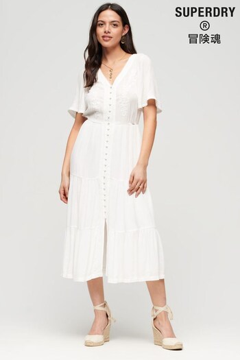 SUPERDRY White Embroidered Tiered Midi Dress (708998) | £40