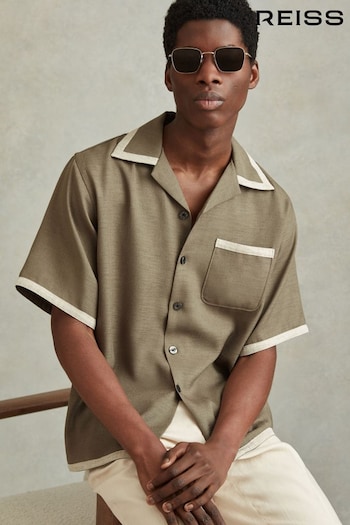 Reiss Sage/White Vita Contrast Trim Cuban Collar Shirt (709255) | £110