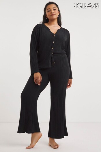 Figleaves Black Super Soft Ribbed Knit and Wide Leg Trousers Pyjamas Set (709403) | £38