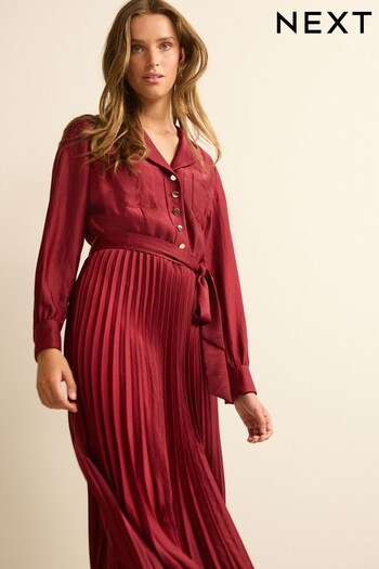 Berry Red Pleated Long Sleeve Midi Dress (709857) | £73