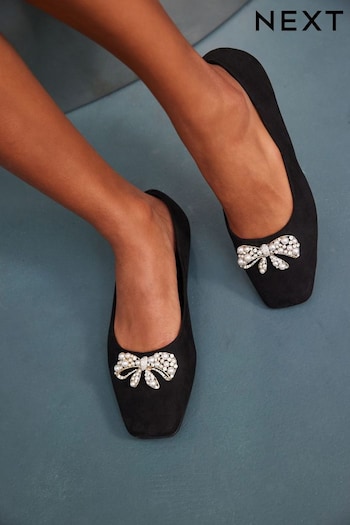 Black Forever Comfort® Square Toe Bow Trim Ballerina Shoes (710384) | £40