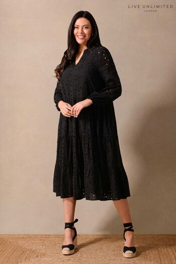 Live Unlimited Black Cotton Broiderie Midi Dress (710709) | £109