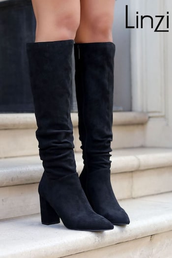 Linzi Black Nina Faux Suede Block Heel Knee High Ruched Boots With Pointed Toe (711272) | £55