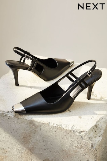 Black Premium Leather Metal Chisel Toe Slingback Heel Shoes (712001) | £69