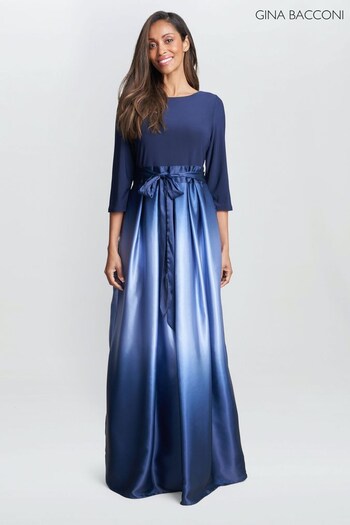 Gina Shoulder Bacconi Blue Ingrid V-Neck Back Ombre Satin Maxi Dress (712573) | £290