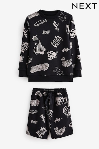 Black All-Over Printed Crew Neck Sweatshirt and Shorts Set (3-16yrs) (712661) | £22 - £30