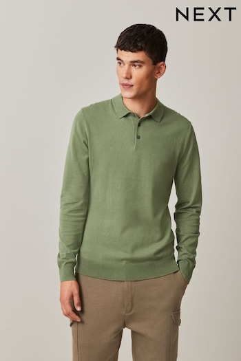 Olive Green Regular Knitted Long Sleeve office-accessories Polo Shirt (712928) | £28