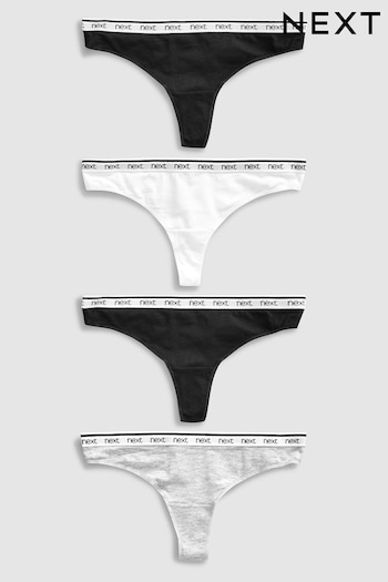 White//Grey/Black Thong Cotton Rich Logo Knickers 4 Pack (712967) | £16