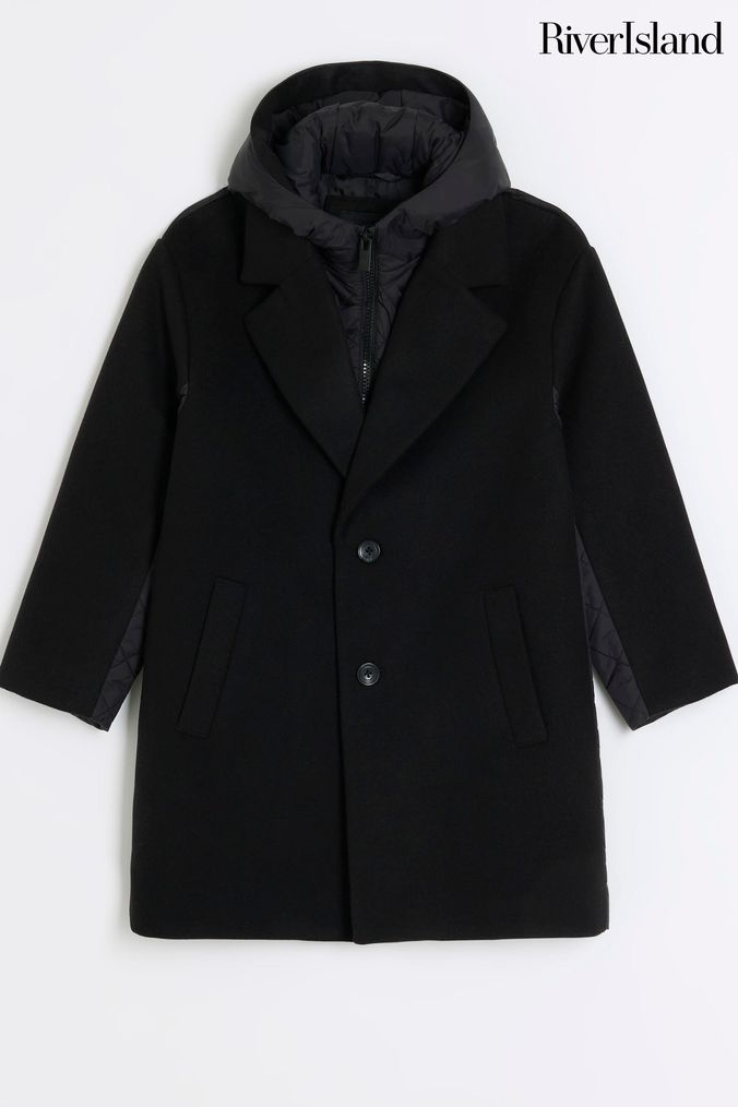 River Island Black Boys Hybrid Wool Back Coat (713757) | £49 - £64