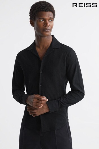 Reiss Black Ledger Jacquard Cuban Collar Shirt (714204) | £98