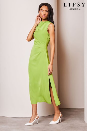 Lipsy Green Drape Front Ruched Midi Off the Body Summer Dress (714315) | £69