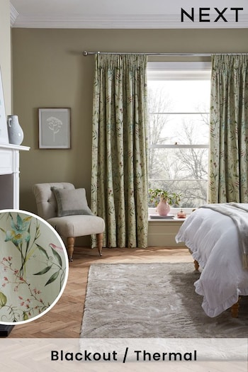 Sage Green Regency Floral Pencil Pleat Blackout/Thermal Curtains (714444) | £45 - £105