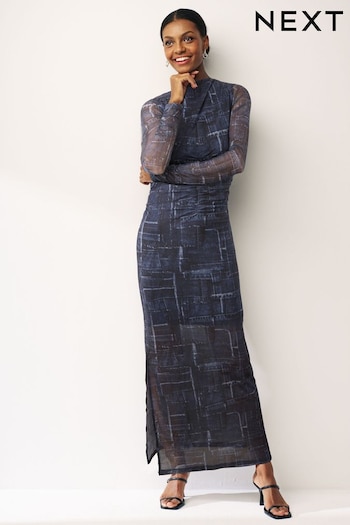 Denim Blue Long Sleeve Ruched Mesh Midi Dress (714585) | £42