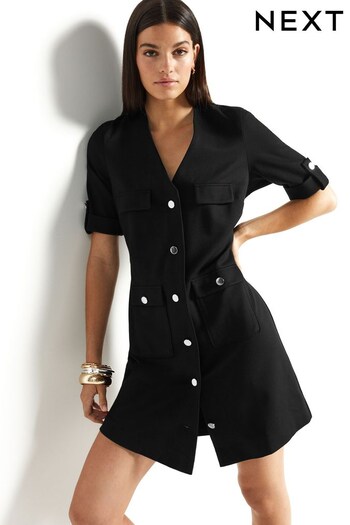 Black Tailored Button Through Front Elevated Ponte Mini Dress (714797) | £45