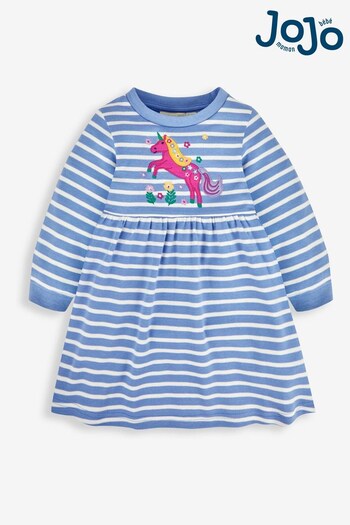JoJo Maman Bébé Blue Unicorn Applique Stripe Dress (715264) | £22.50