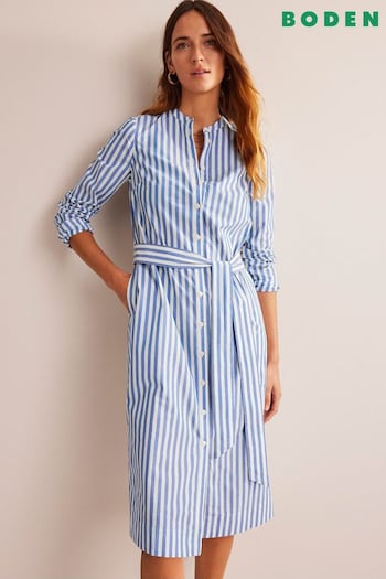 Boden Blue Cotton Belted Striped Shirt Dress (716145) | £120