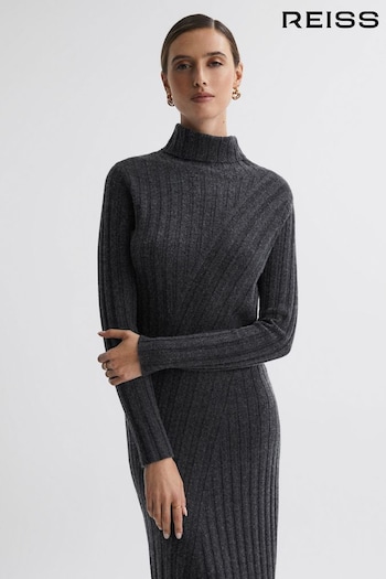 Reiss Charcoal Cady Petite Fitted Knitted Midi Dress (717377) | £188