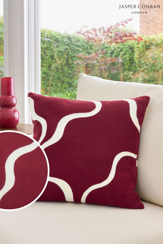 Jasper Conran London Red Wiggle Crewel Embroidered Cushion (717541) | £55
