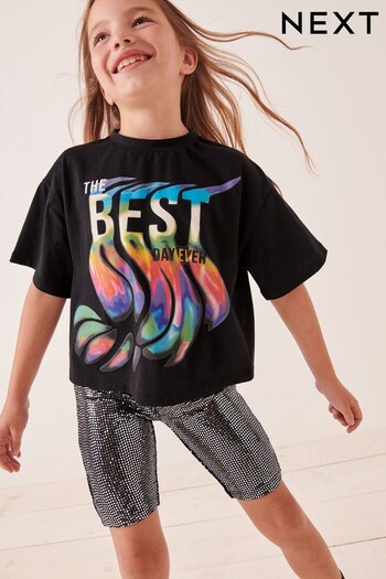 Black Rainbow Graphic T-Shirt And Sequin Cycling Shorts (3-16yrs) (718995) | £19 - £25