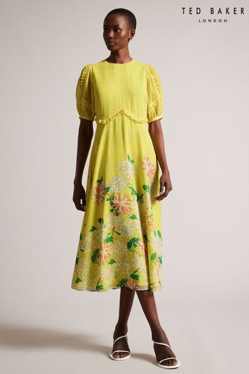 Ted Baker Yellow Carinnn Midi Tea Dress With Puff Sleeve (719132) | £195