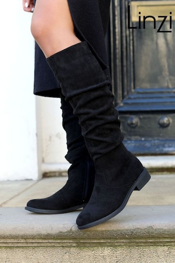 Linzi Black Ciara Faux Suede Flat Ruched Boots (719217) | £50