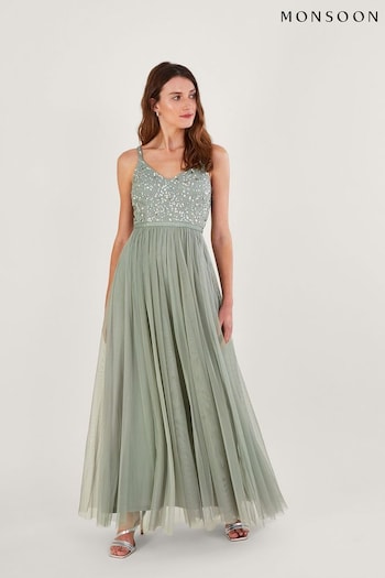 Monsoon Green Autumn Sustainable Embellished Maxi Dress (719461) | £150