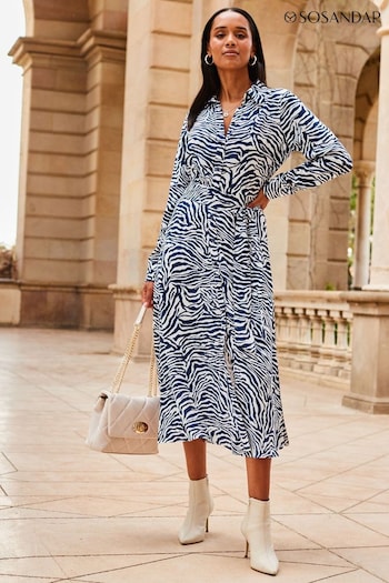 Sosandar Blue Zebra Print Belted Shirt Dress (719684) | £79