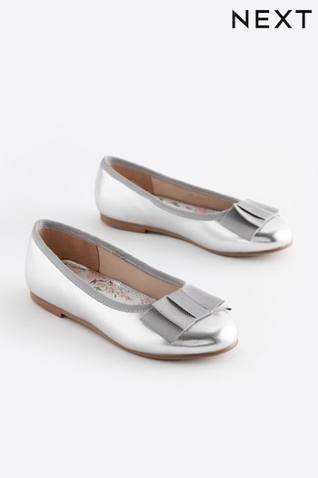 Silver Metallic Bow Occasion Ballerinas Shoes (71L608) | £20 - £27