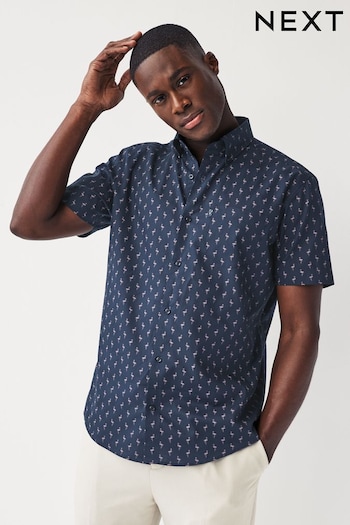 Navy Blue Flamingo Easy Iron Button Down Short Sleeve Oxford Shirt (720181) | £20