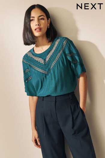 Teal Blue Lace Detail Short Sleeve Top (721446) | £32