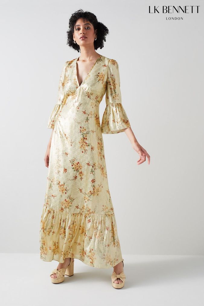 LK Bennett Royal Ascot X LKB Yellow Martha Meadow Scene Metallic Silk Maxi Dress (721971) | £529