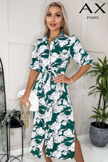 AX Paris Green Floral Printed 3/4 Sleeve Belted Midi Shirt Dress (722537) | £50