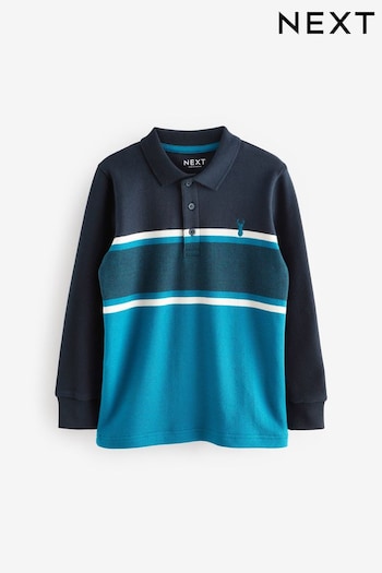 Teal/Navy Blue Colourblock Long Sleeve Polo koszula Shirt (3-16yrs) (725210) | £14 - £20