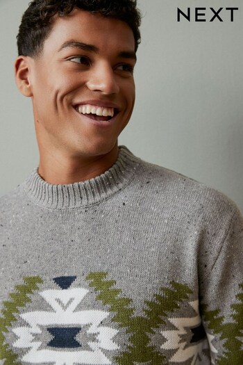 Grey Fleck Crew Neck Fairisle Pattern Knitted Jumper (725652) | £36