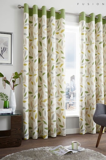 Fusion Green Beechwood Leaves Eyelet Lined Curtains (725705) | £22 - £65