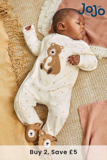 JoJo Maman Bébé Cream Bear Appliqué Zip Cotton Baby Sleepsuit (725894) | £21