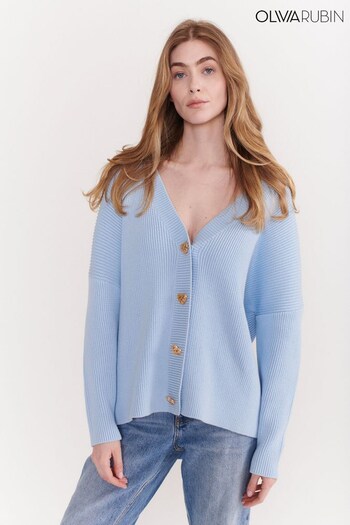 Olivia Rubin Blue Billie Ribbed Longline Cardigan with Gold Button Detail (726031) | £230