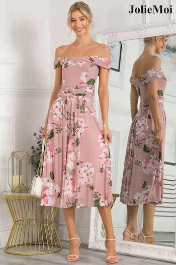 Jolie Moi Pink Rawiya Bardot Neck Mesh Dress (728092) | £75