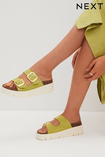 Lime Green Forever Comfort® Leather Double Buckle Flatform Shoes (728662) | £49