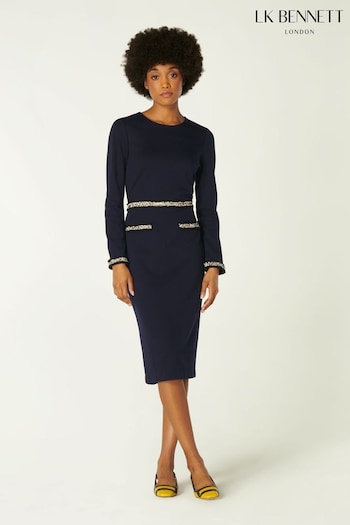 LK Bennett Blue Vinnie Mono Fray Trim Fitted Dress (729312) | £199