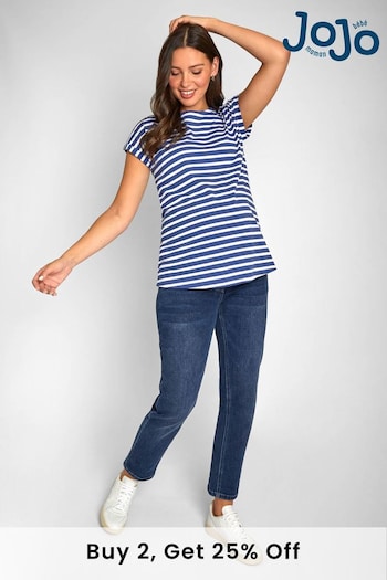 JoJo Maman Bébé Blue White Stripe Boyfriend Cotton Maternity T-Shirt (731304) | £16.50