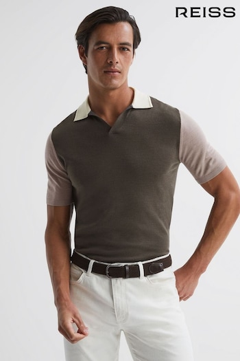 Reiss Mushroom Brown Stoneleigh Wool Open Collar Polo Shirt (731505) | £98
