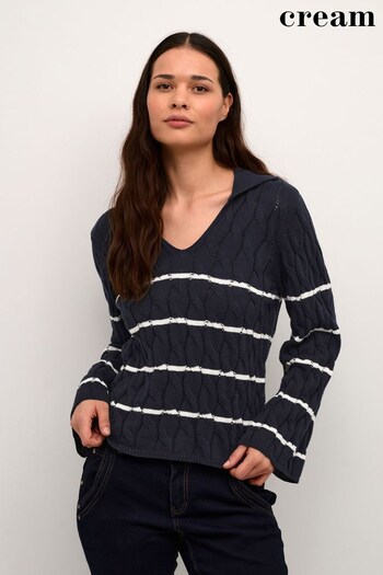 Cream Blue Pano Cable Knit V-Neck Pullover Jumper (732171) | £80