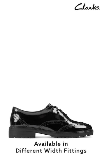 Clarks Black Multi Fit Patent Loxham Brogue Youth Shoes (732332) | £56