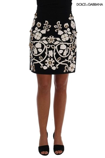 Dolce&Gabbana Baroque Crystal Pencil Black Skirt with Floral Embroidery (733182) | £1,565