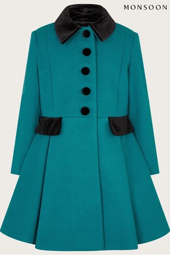 Monsoon Blue Velvet Trim Skirted Wool Blend Coat (733398) | £65 - £75