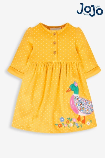 JoJo Maman Bébé Mustard Yellow Duck Girls' Appliqué Button Front Dress (733616) | £22
