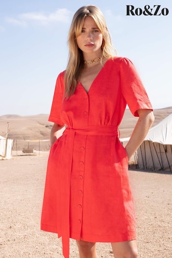 Ro&Zo Red Flame Linen Button Front Short Dress (735730) | £89